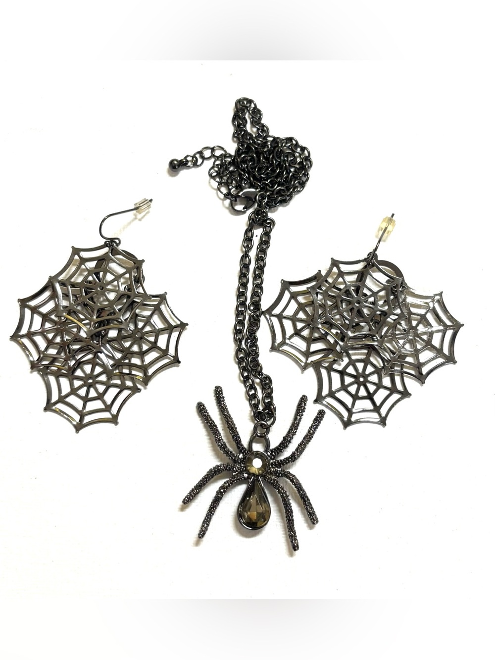 Gunmetal Spider and Web Necklace & Earring Set - Halloween Jewelry